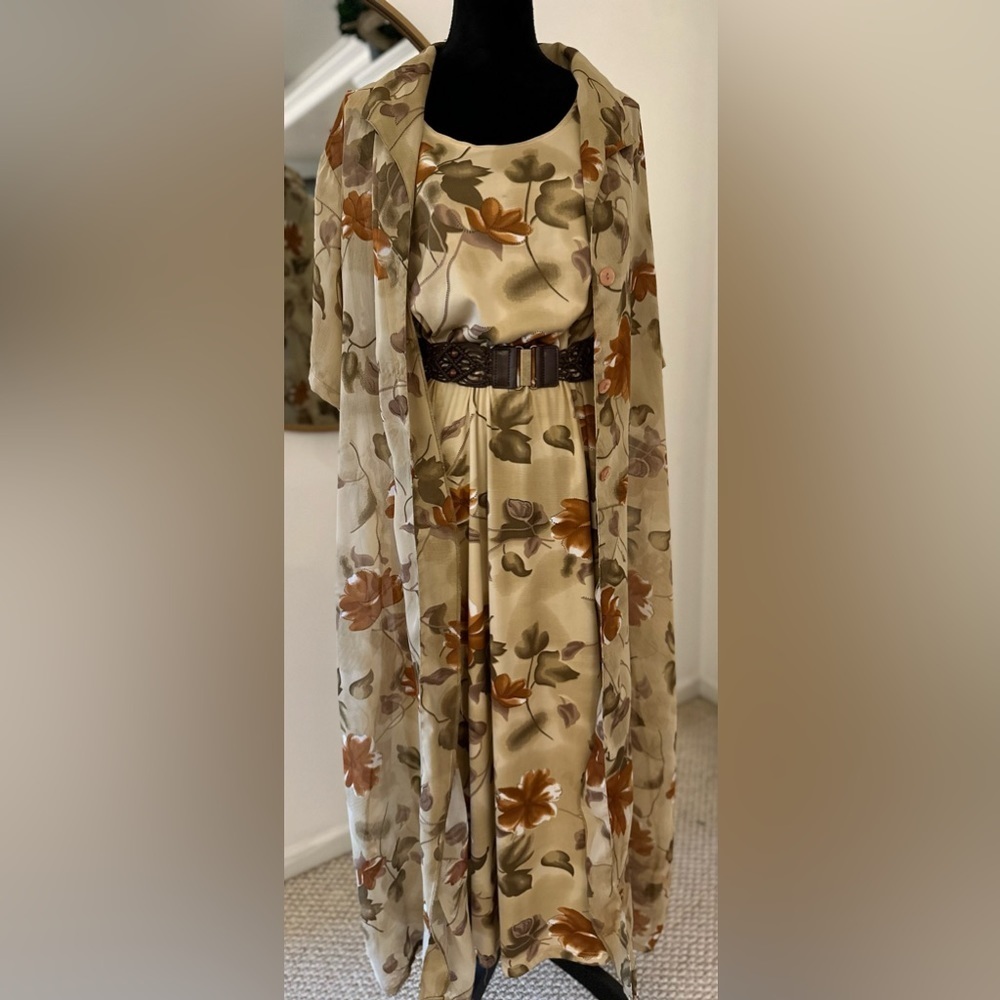 Vintage Nancy K NY Tan Orange Floral Shift Dress Sheer Duster Kimono Set XL-2X